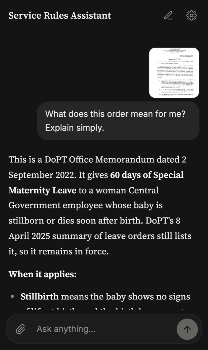 A photo of a DoPT office memorandum on special maternity leave, with the assistant explaining it in plain English.